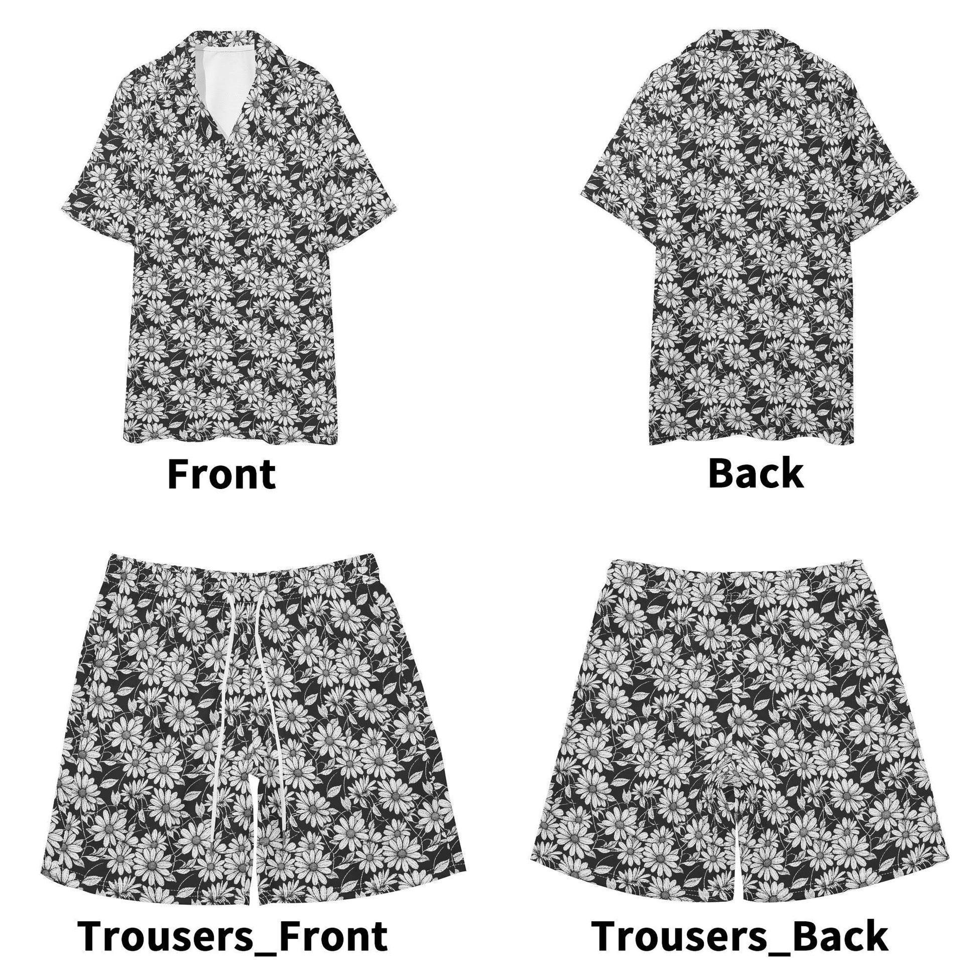 Men's Regular Fit Black and White Daisy Hawaiian Short Sleeve Shirt and Shorts Set - DeRose Seasonal