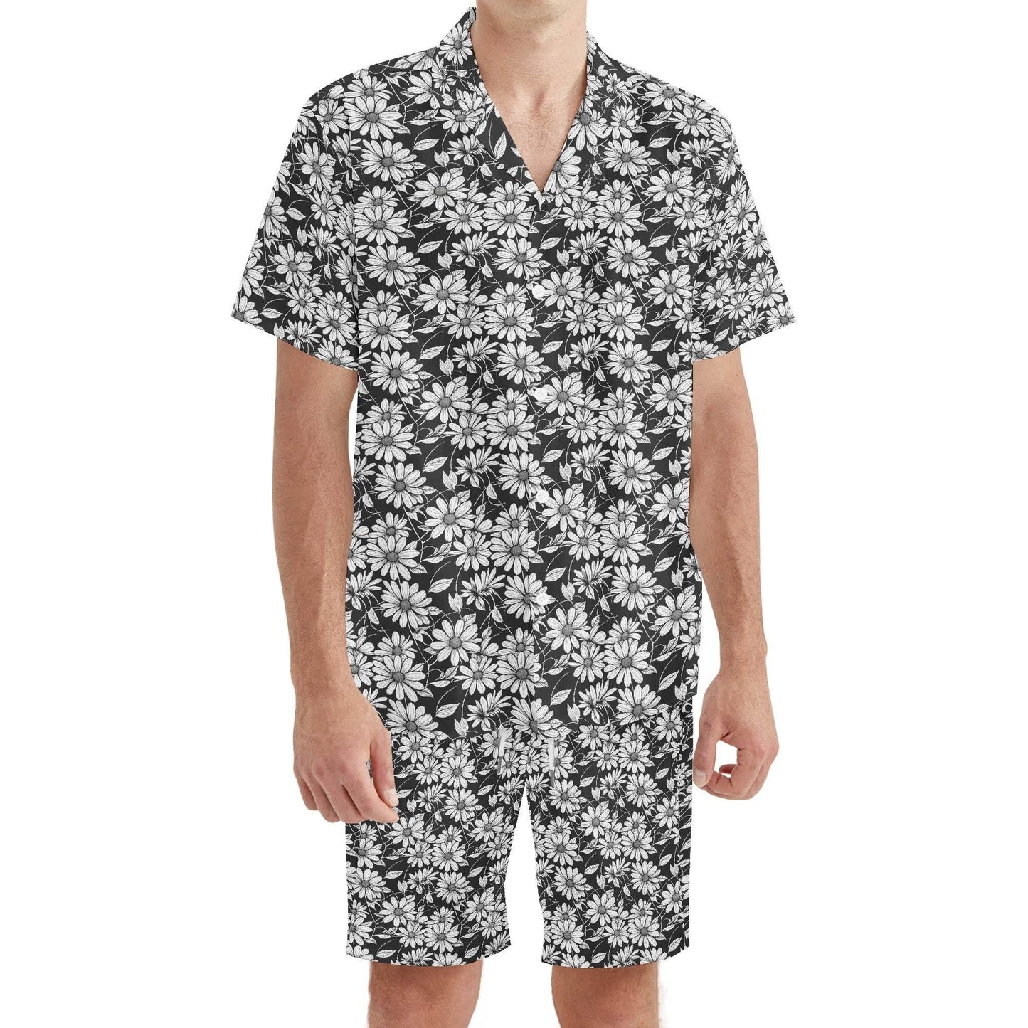 Men's Regular Fit Black and White Daisy Hawaiian Short Sleeve Shirt and Shorts Set - DeRose Seasonal