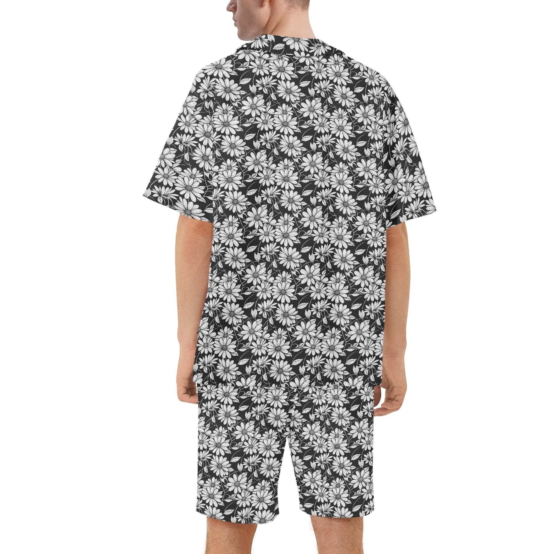 Men's Regular Fit Black and White Daisy Hawaiian Short Sleeve Shirt and Shorts Set - DeRose Seasonal