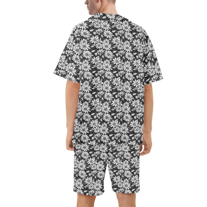 Men's Regular Fit Black and White Daisy Hawaiian Short Sleeve Shirt and Shorts Set - DeRose Seasonal