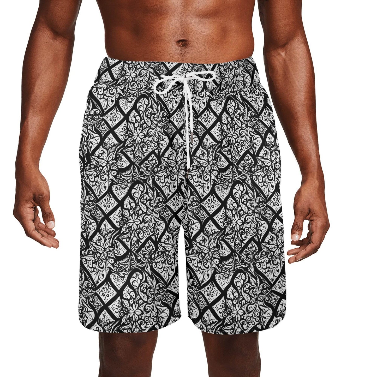 Men's Crosshatch Black Floral Mesh Shorts Sea Life Swim Trunks - DeRose Seasonal