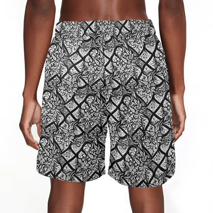 Men's Crosshatch Black Floral Mesh Shorts Sea Life Swim Trunks - DeRose Seasonal