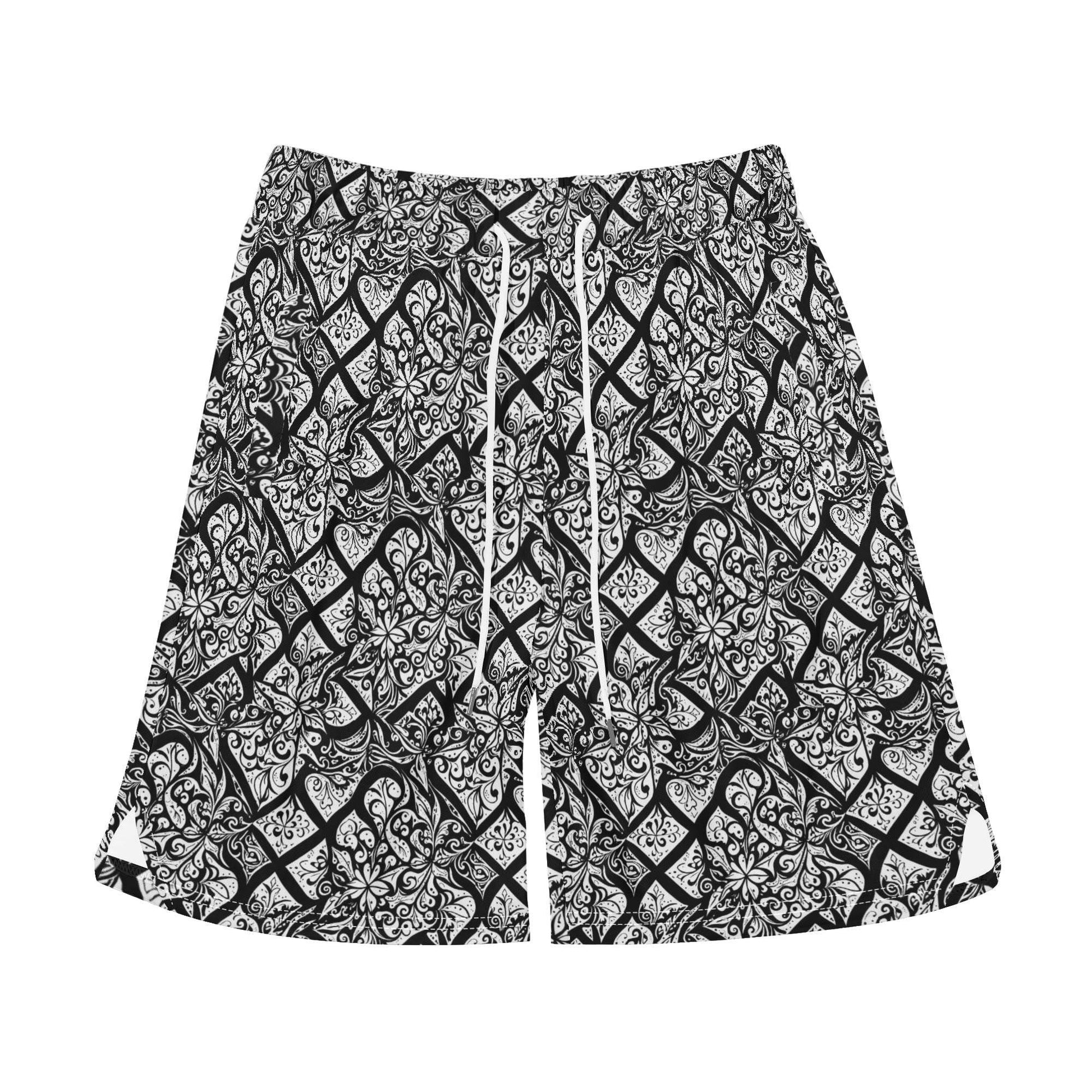 Men's Crosshatch Black Floral Mesh Shorts Sea Life Swim Trunks - DeRose Seasonal
