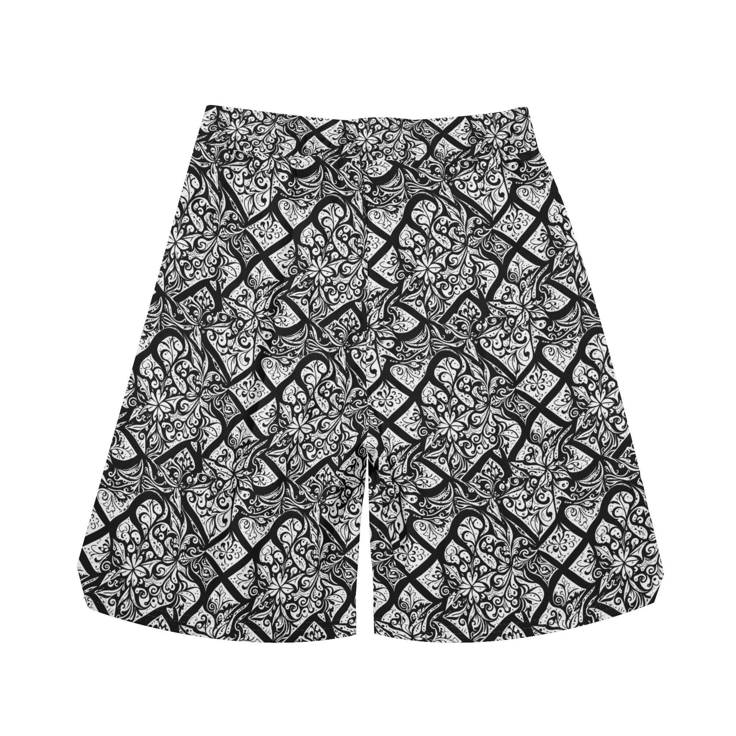 Men's Crosshatch Black Floral Mesh Shorts Sea Life Swim Trunks - DeRose Seasonal