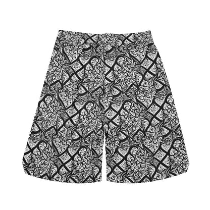 Men's Crosshatch Black Floral Mesh Shorts Sea Life Swim Trunks - DeRose Seasonal