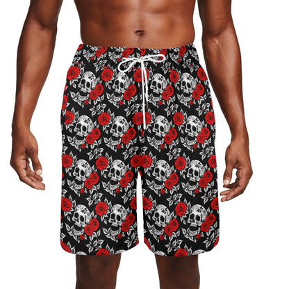 Men's Red Skull Rose Mesh Shorts Sea Life Swim Trunks - DeRose Seasonal