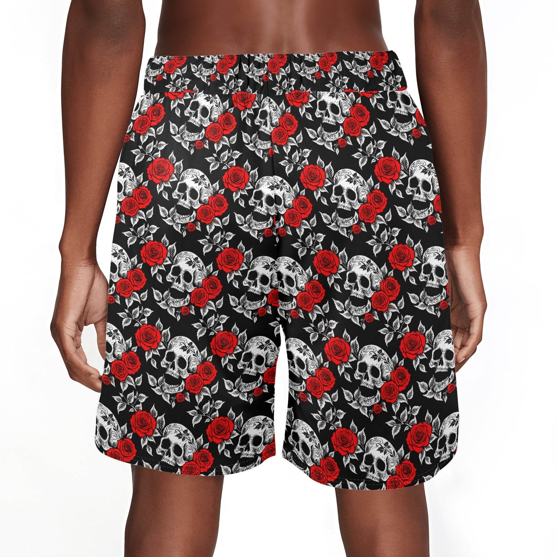 Men's Red Skull Rose Mesh Shorts Sea Life Swim Trunks - DeRose Seasonal