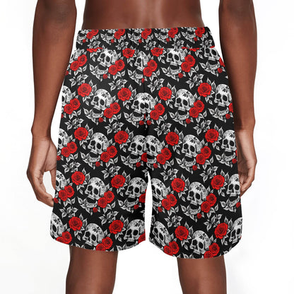 Men's Red Skull Rose Mesh Shorts Sea Life Swim Trunks - DeRose Seasonal