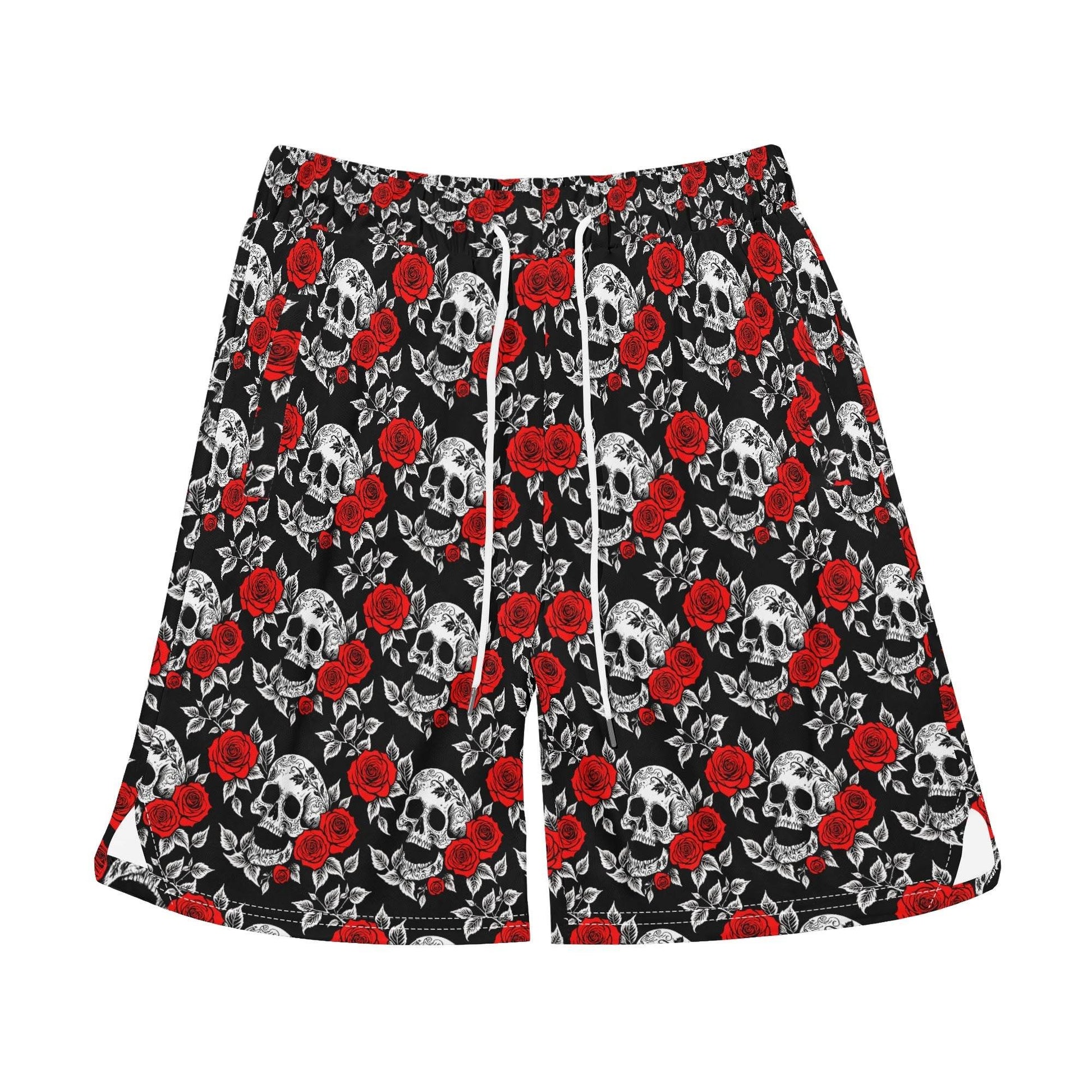Men's Red Skull Rose Mesh Shorts Sea Life Swim Trunks - DeRose Seasonal