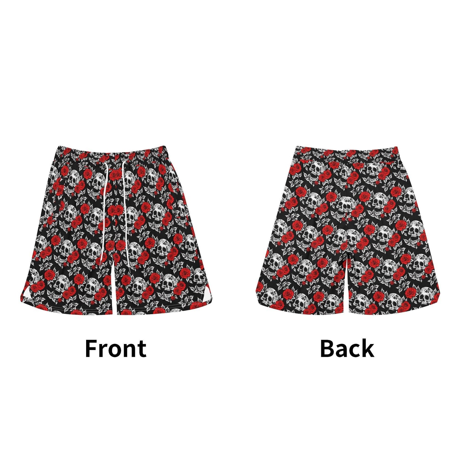 Men's Red Skull Rose Mesh Shorts Sea Life Swim Trunks - DeRose Seasonal