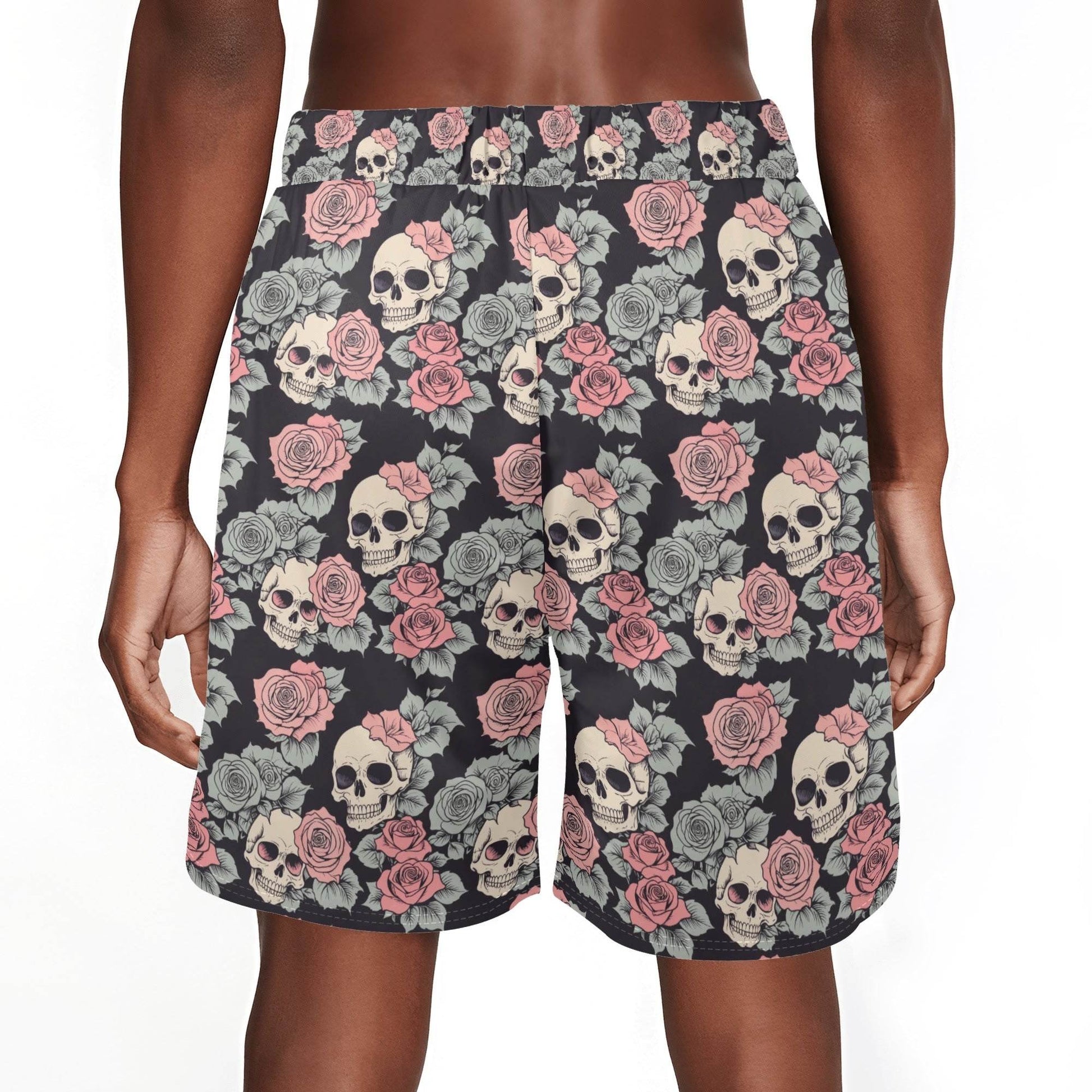 Men's Skull and Pink Rose Mesh Shorts Sea Life Swim Trunks - DeRose Seasonal