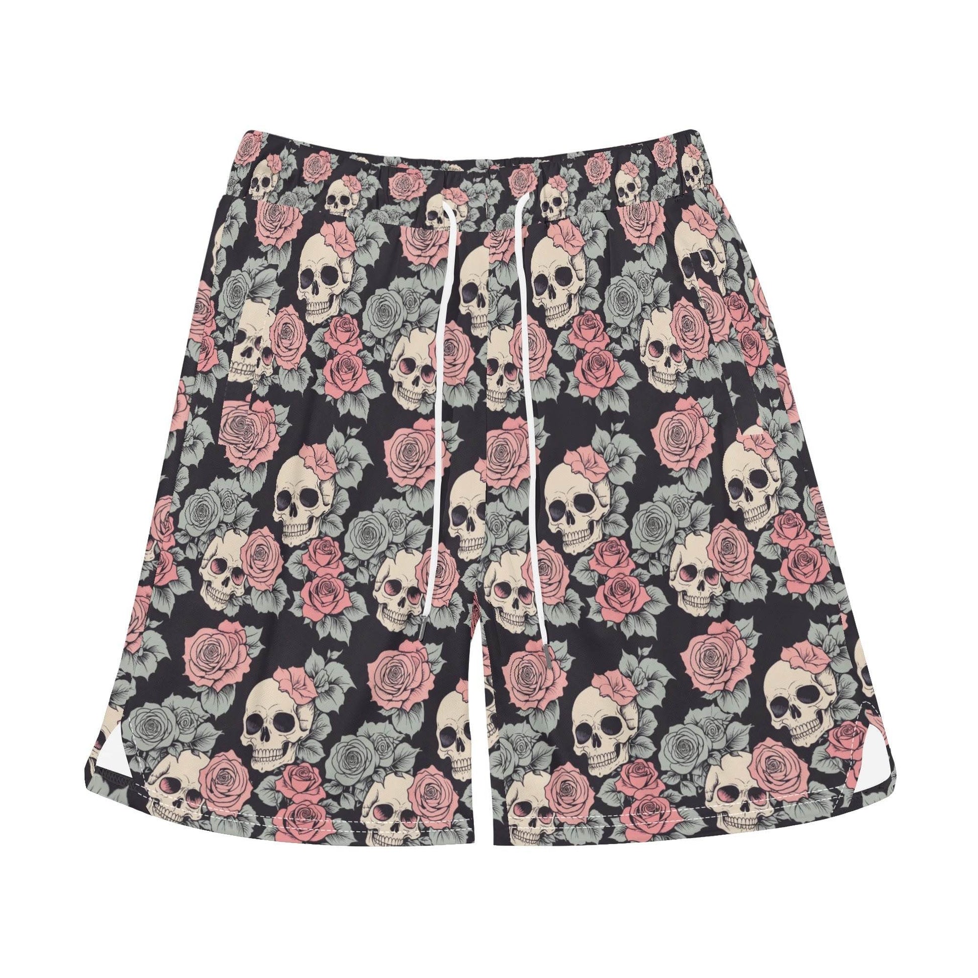 Men's Skull and Pink Rose Mesh Shorts Sea Life Swim Trunks - DeRose Seasonal