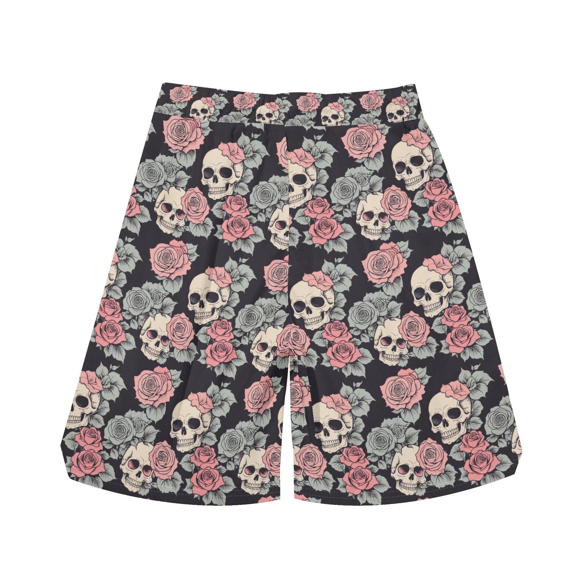 Men's Skull and Pink Rose Mesh Shorts Sea Life Swim Trunks - DeRose Seasonal