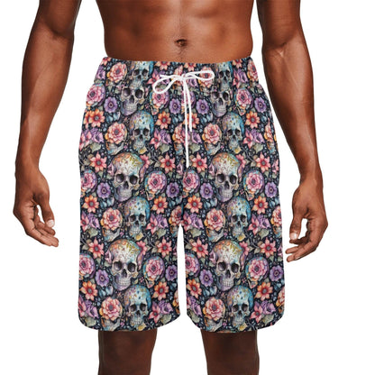 Men's pastel Floral and Skulls Mesh Shorts Sea Life Swim Trunks - DeRose Seasonal
