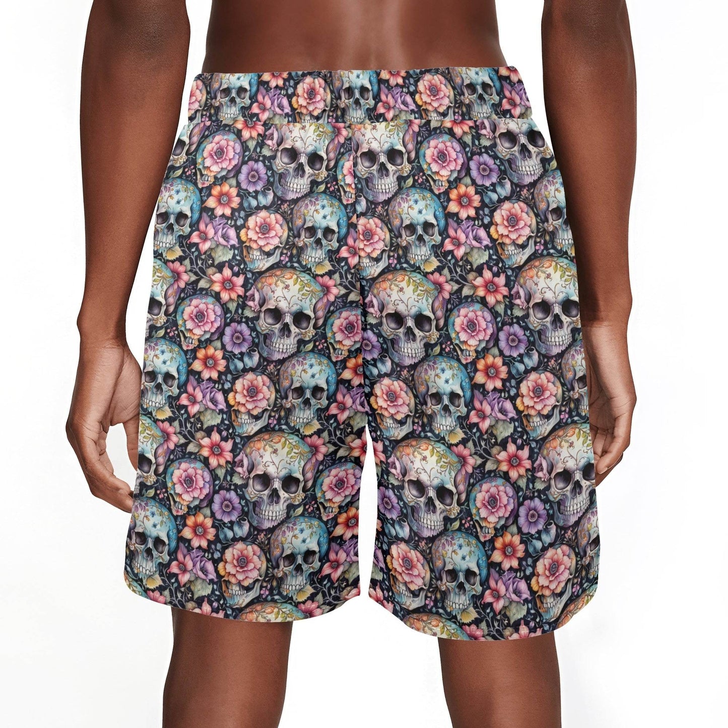 Men's pastel Floral and Skulls Mesh Shorts Sea Life Swim Trunks - DeRose Seasonal