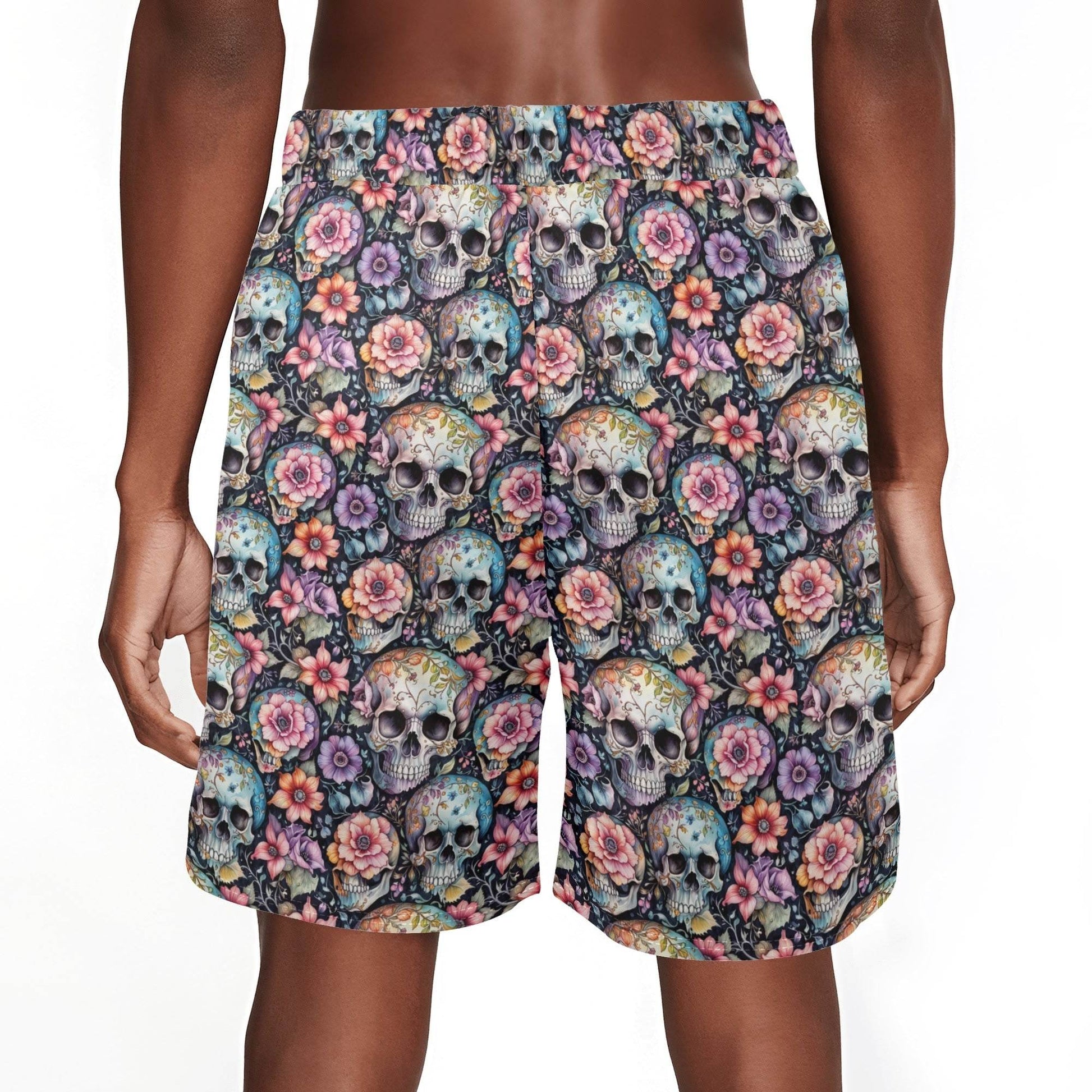 Men's pastel Floral and Skulls Mesh Shorts Sea Life Swim Trunks - DeRose Seasonal