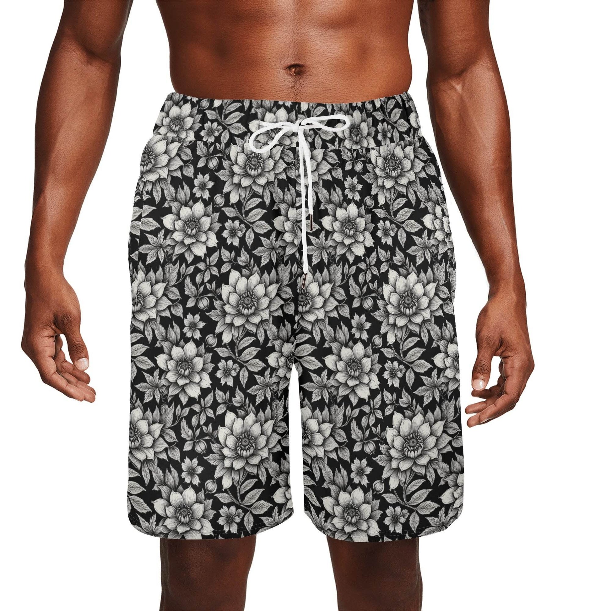 Men's Black and White Bloom Mesh Shorts Sea Life Swim Trunks - DeRose Seasonal