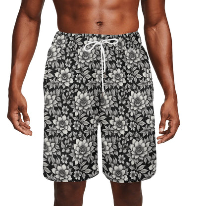 Men's Black and White Bloom Mesh Shorts Sea Life Swim Trunks - DeRose Seasonal