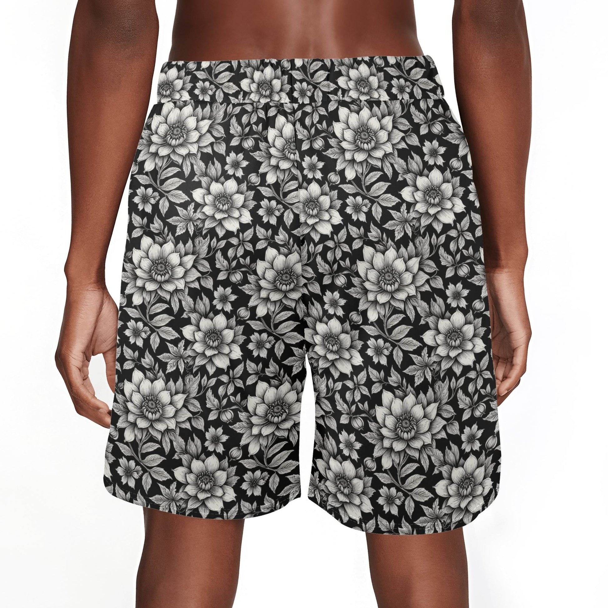 Men's Black and White Bloom Mesh Shorts Sea Life Swim Trunks - DeRose Seasonal