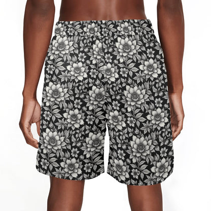 Men's Black and White Bloom Mesh Shorts Sea Life Swim Trunks - DeRose Seasonal