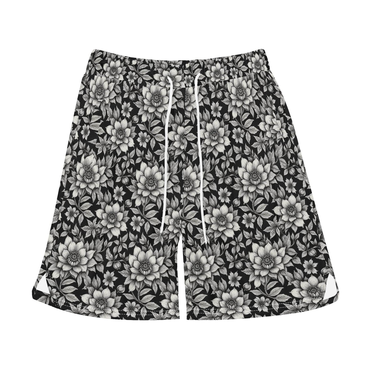 Men's Black and White Bloom Mesh Shorts Sea Life Swim Trunks - DeRose Seasonal