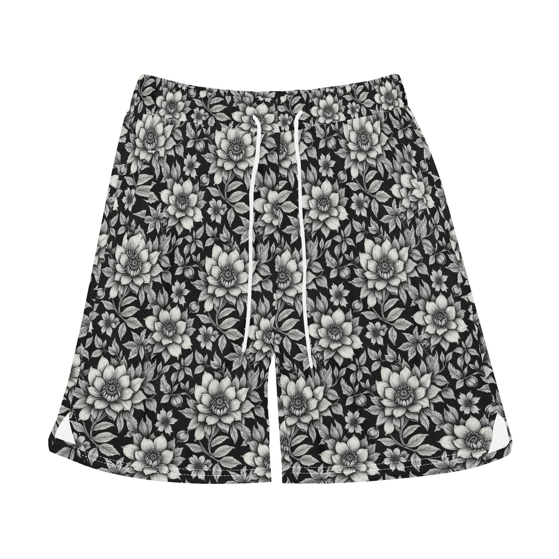 Men's Black and White Bloom Mesh Shorts Sea Life Swim Trunks - DeRose Seasonal