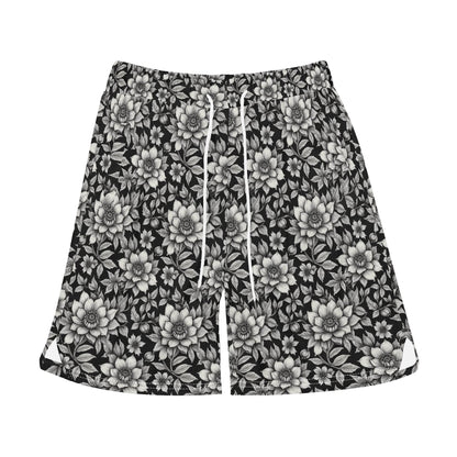 Men's Black and White Bloom Mesh Shorts Sea Life Swim Trunks - DeRose Seasonal