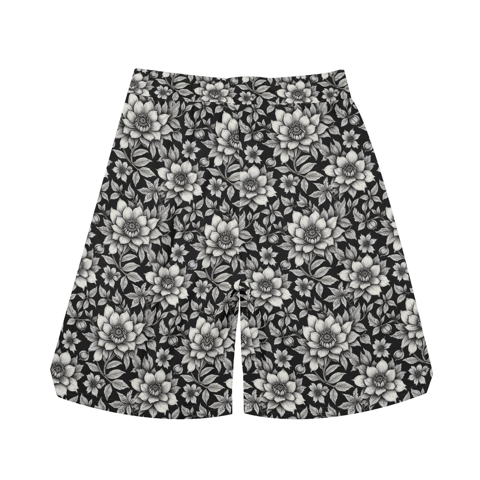 Men's Black and White Bloom Mesh Shorts Sea Life Swim Trunks - DeRose Seasonal