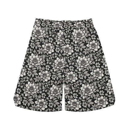 Men's Black and White Bloom Mesh Shorts Sea Life Swim Trunks - DeRose Seasonal