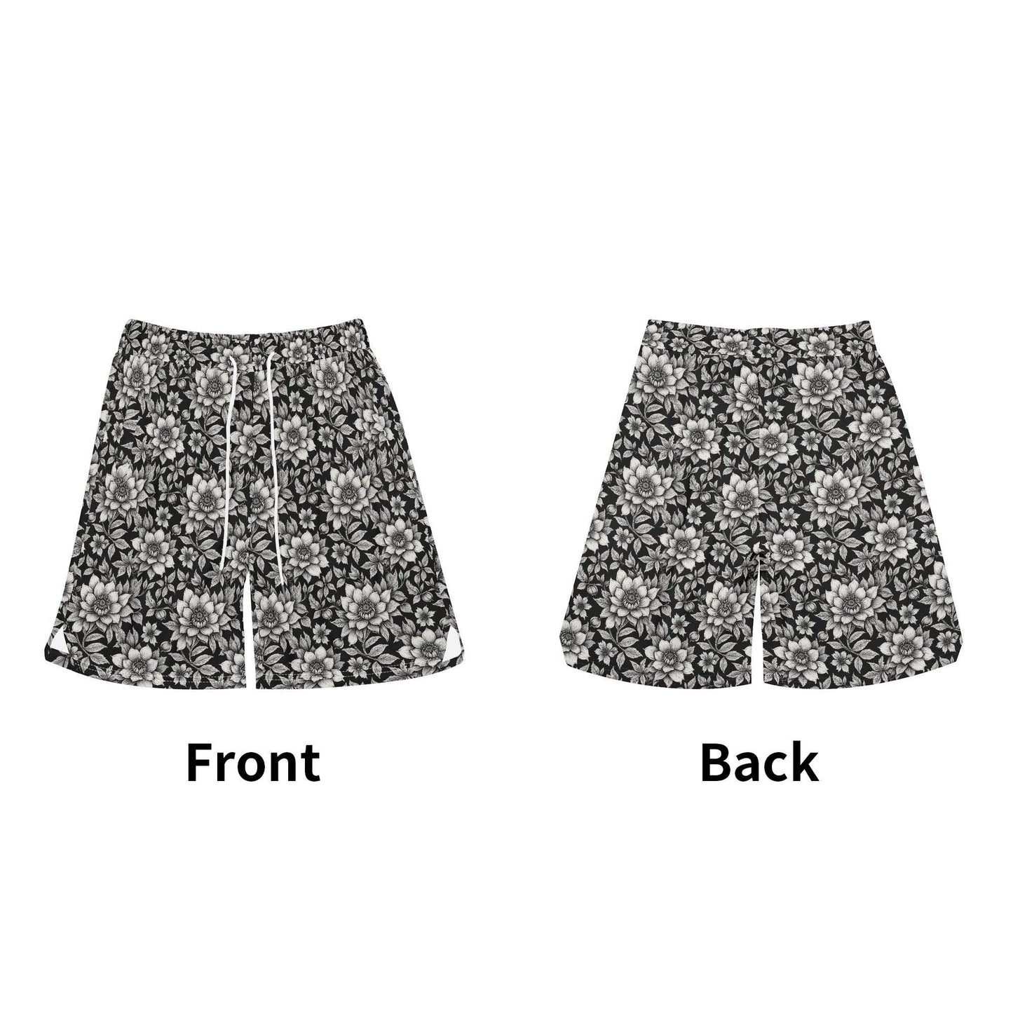Men's Black and White Bloom Mesh Shorts Sea Life Swim Trunks - DeRose Seasonal