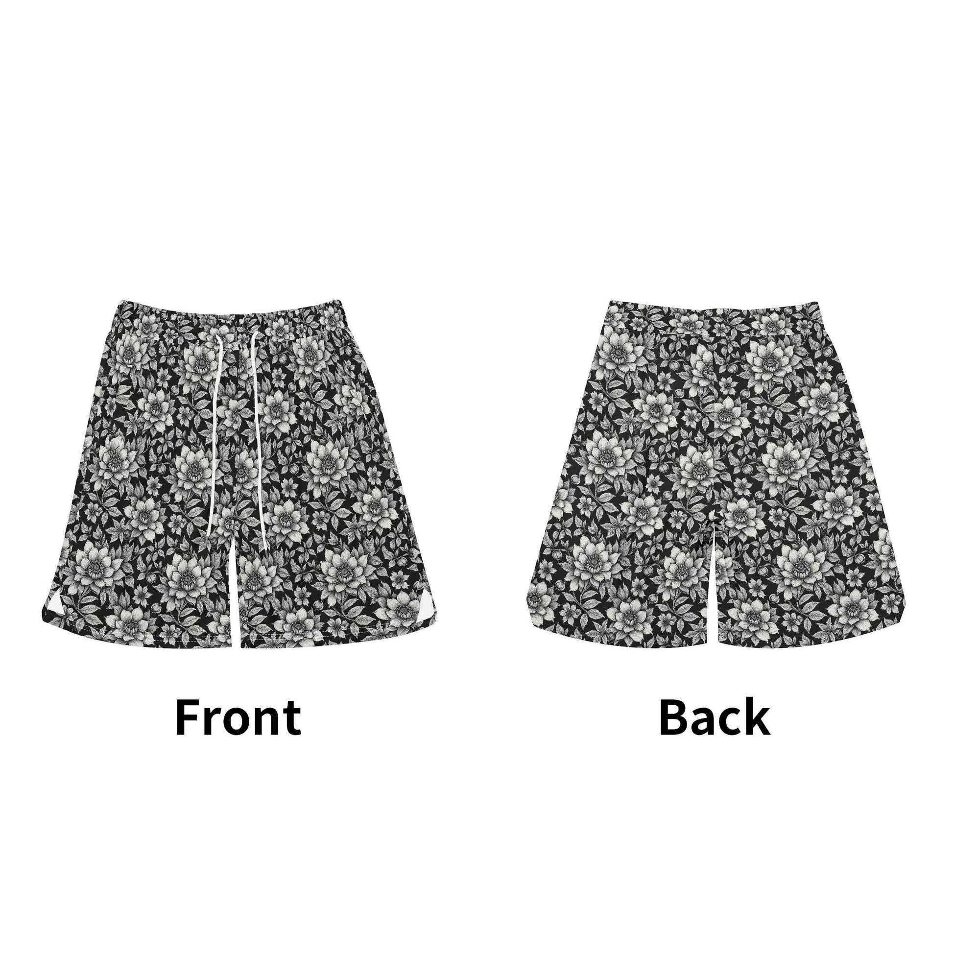 Men's Black and White Bloom Mesh Shorts Sea Life Swim Trunks - DeRose Seasonal