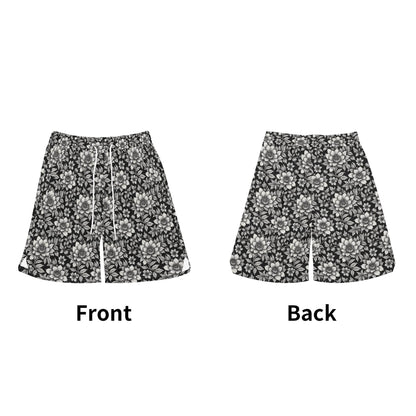 Men's Black and White Bloom Mesh Shorts Sea Life Swim Trunks - DeRose Seasonal