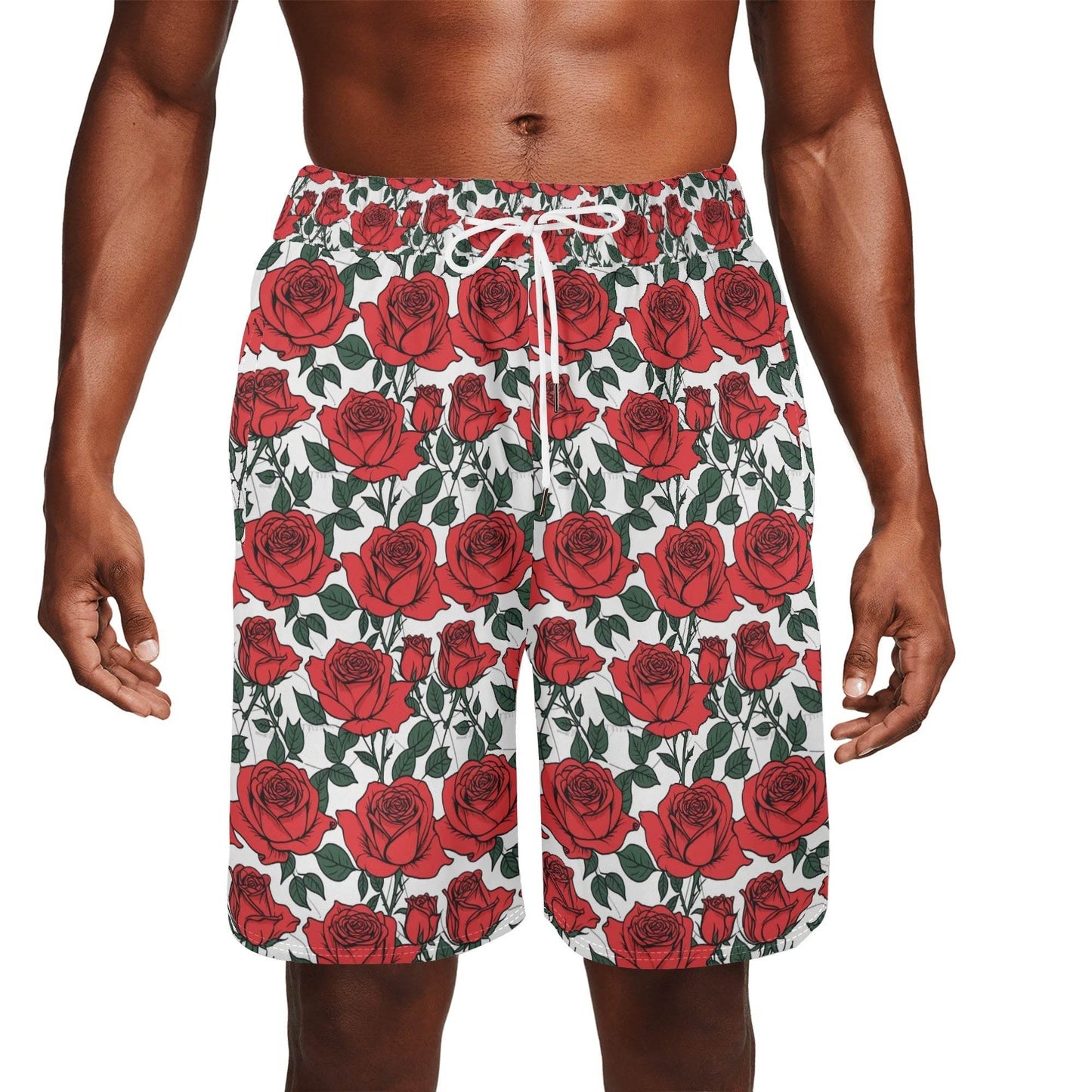 Men's Red Leafy Roses Mesh Shorts Sea Life Swim Trunks - DeRose Seasonal