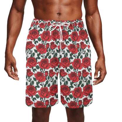 Men's Red Leafy Roses Mesh Shorts Sea Life Swim Trunks - DeRose Seasonal