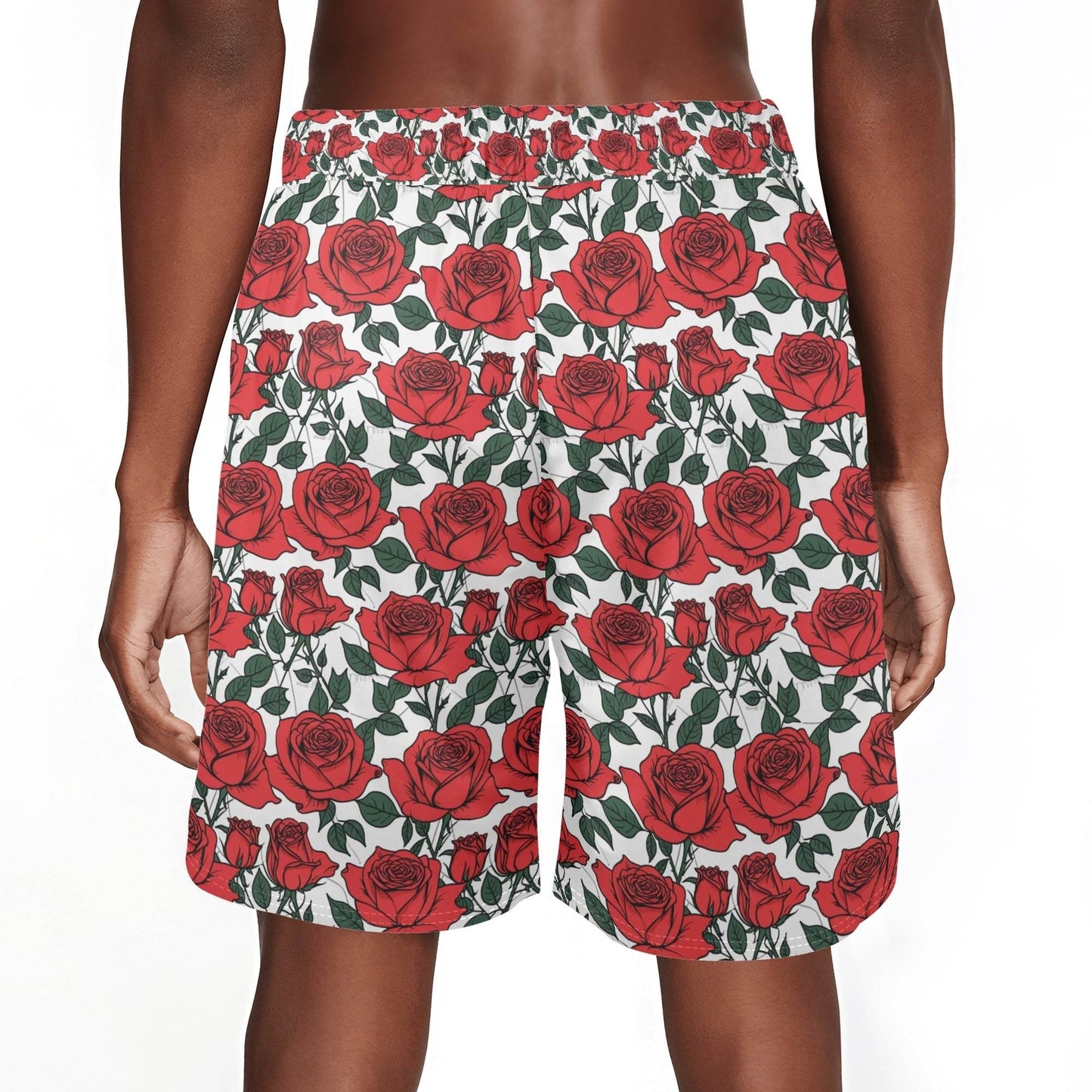 Men's Red Leafy Roses Mesh Shorts Sea Life Swim Trunks - DeRose Seasonal