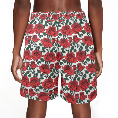 Men's Red Leafy Roses Mesh Shorts Sea Life Swim Trunks - DeRose Seasonal