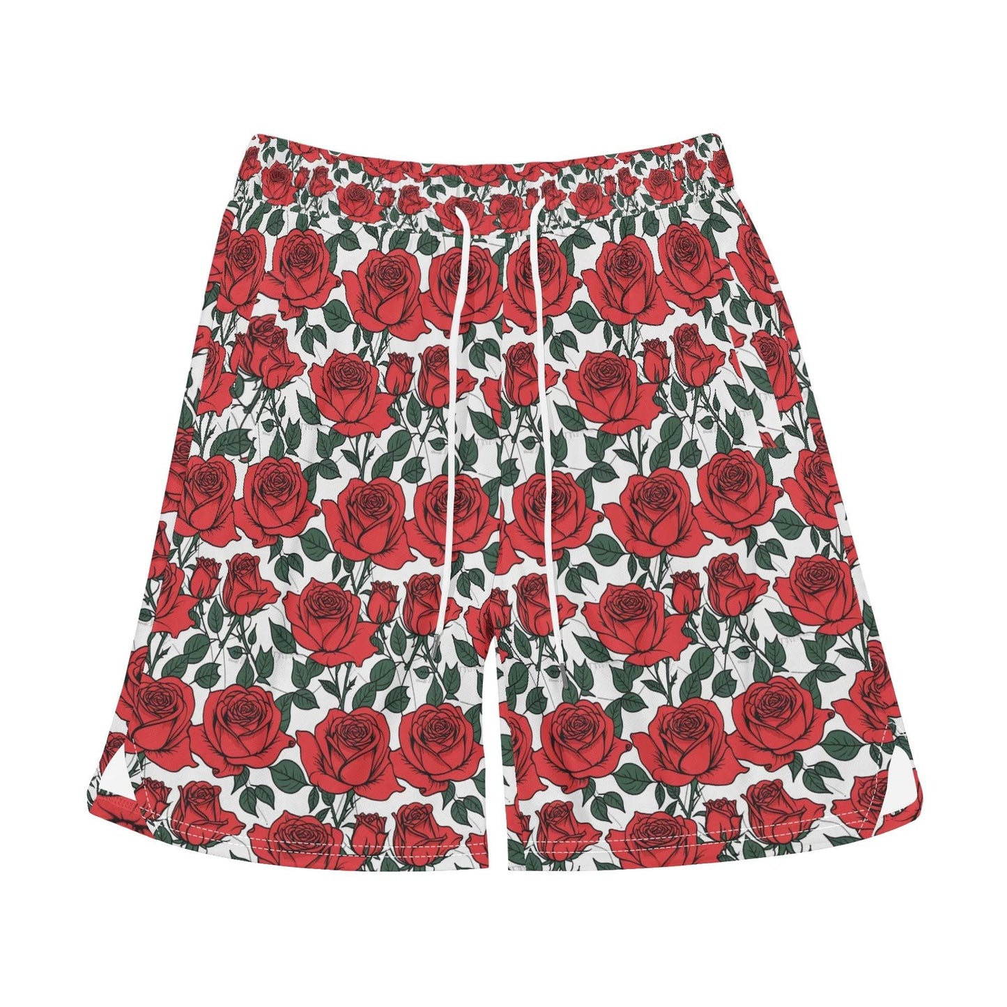 Men's Red Leafy Roses Mesh Shorts Sea Life Swim Trunks - DeRose Seasonal