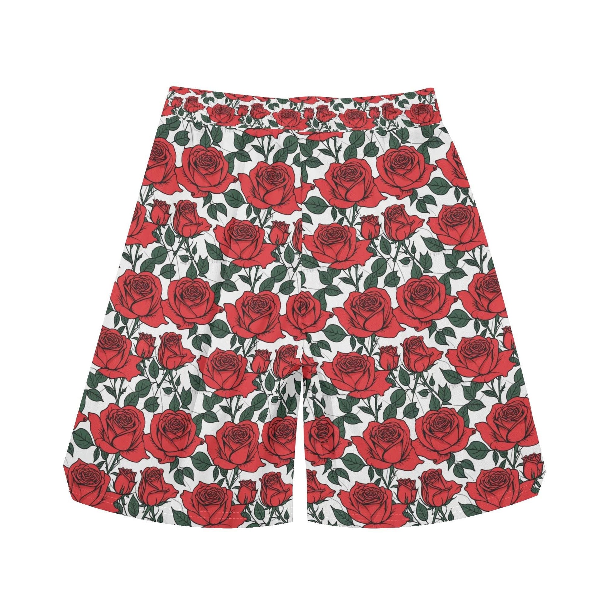 Men's Red Leafy Roses Mesh Shorts Sea Life Swim Trunks - DeRose Seasonal