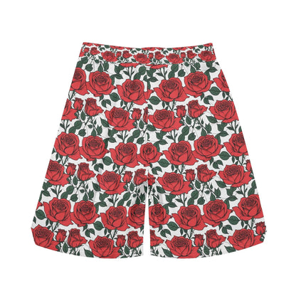 Men's Red Leafy Roses Mesh Shorts Sea Life Swim Trunks - DeRose Seasonal