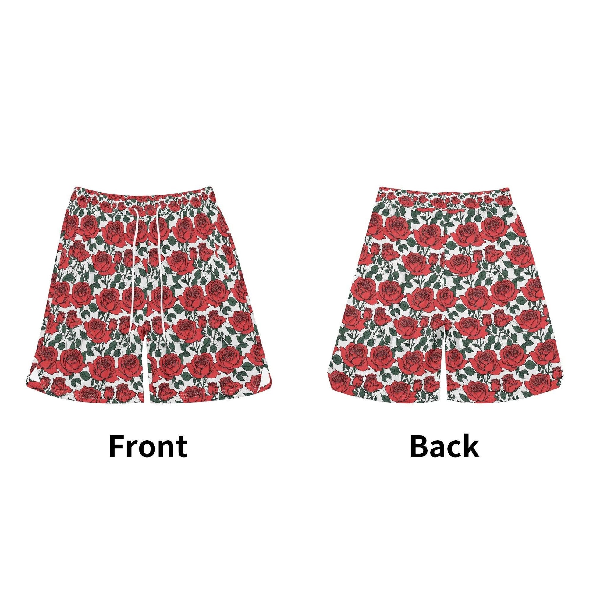 Men's Red Leafy Roses Mesh Shorts Sea Life Swim Trunks - DeRose Seasonal