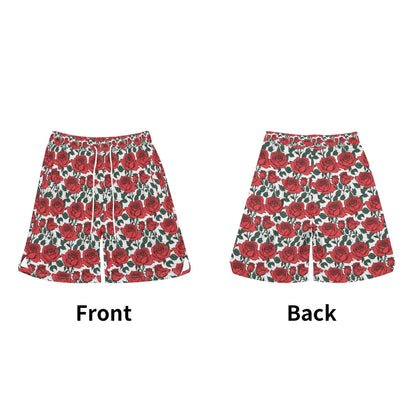 Men's Red Leafy Roses Mesh Shorts Sea Life Swim Trunks - DeRose Seasonal