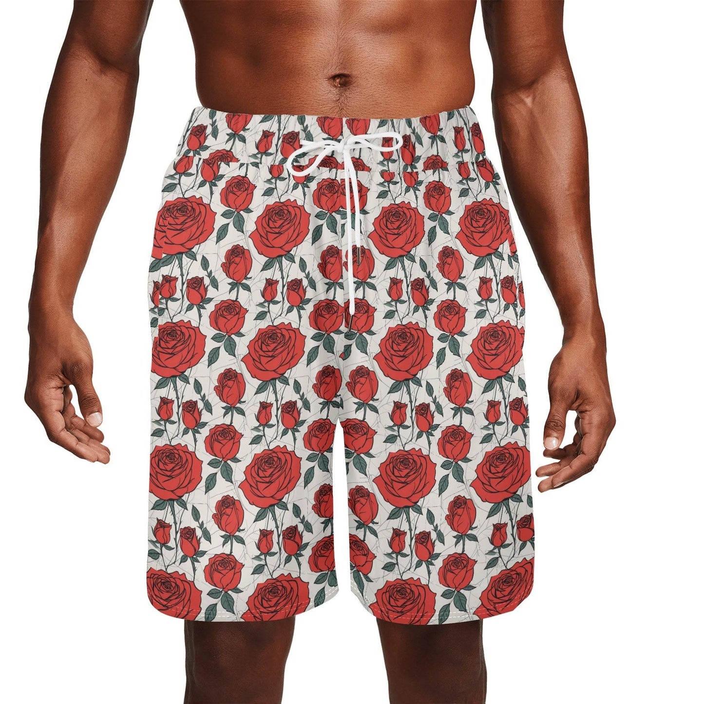 Men's Red Roses Mesh Shorts Sea Life Swim Trunks - DeRose Seasonal