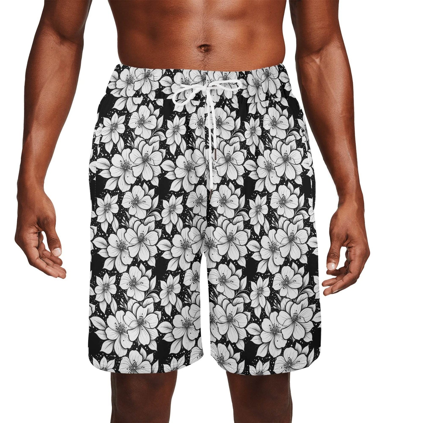 Men's Black and White Floral Mesh Shorts Sea Life Swim Trunks - DeRose Seasonal