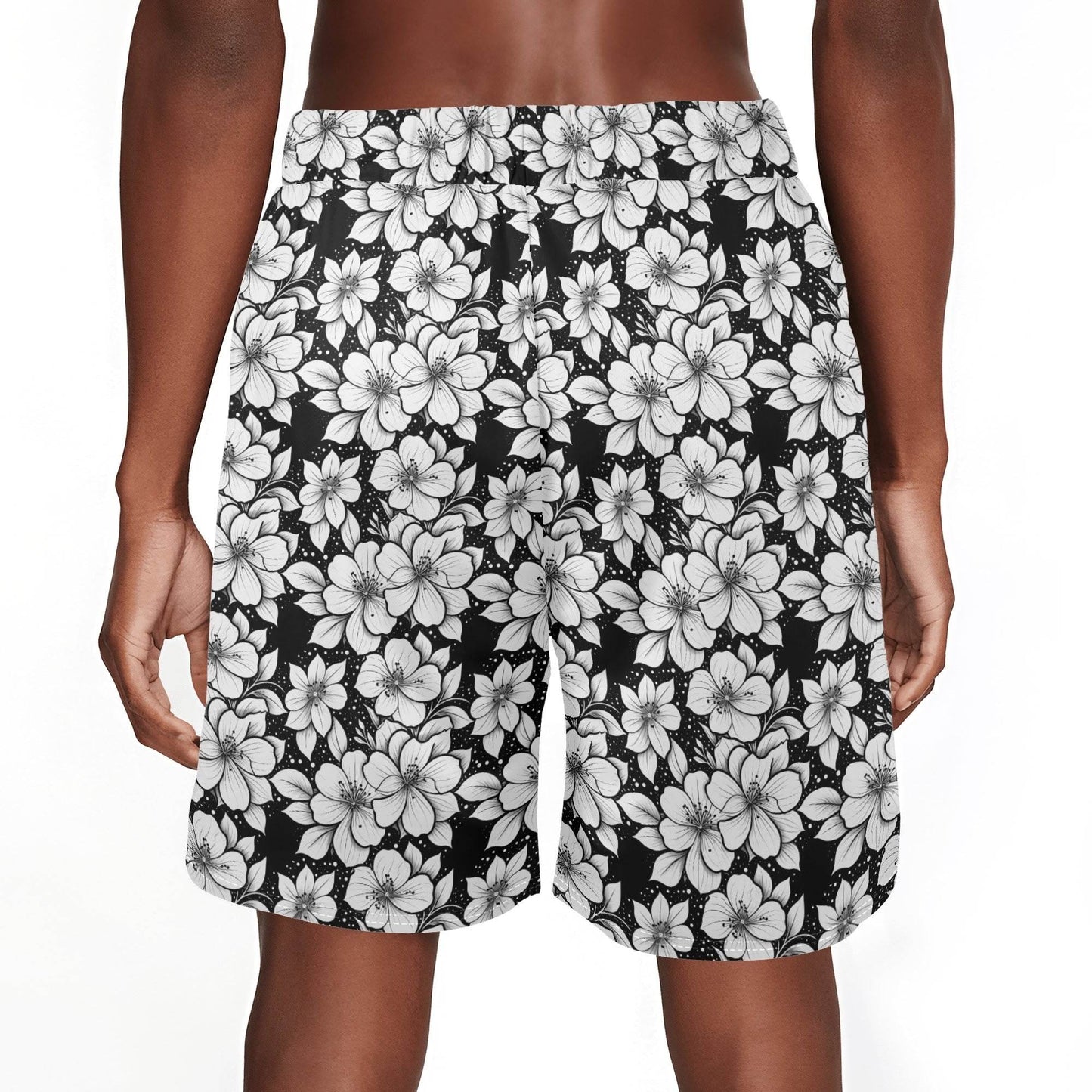 Men's Black and White Floral Mesh Shorts Sea Life Swim Trunks - DeRose Seasonal