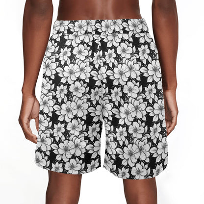 Men's Black and White Floral Mesh Shorts Sea Life Swim Trunks - DeRose Seasonal