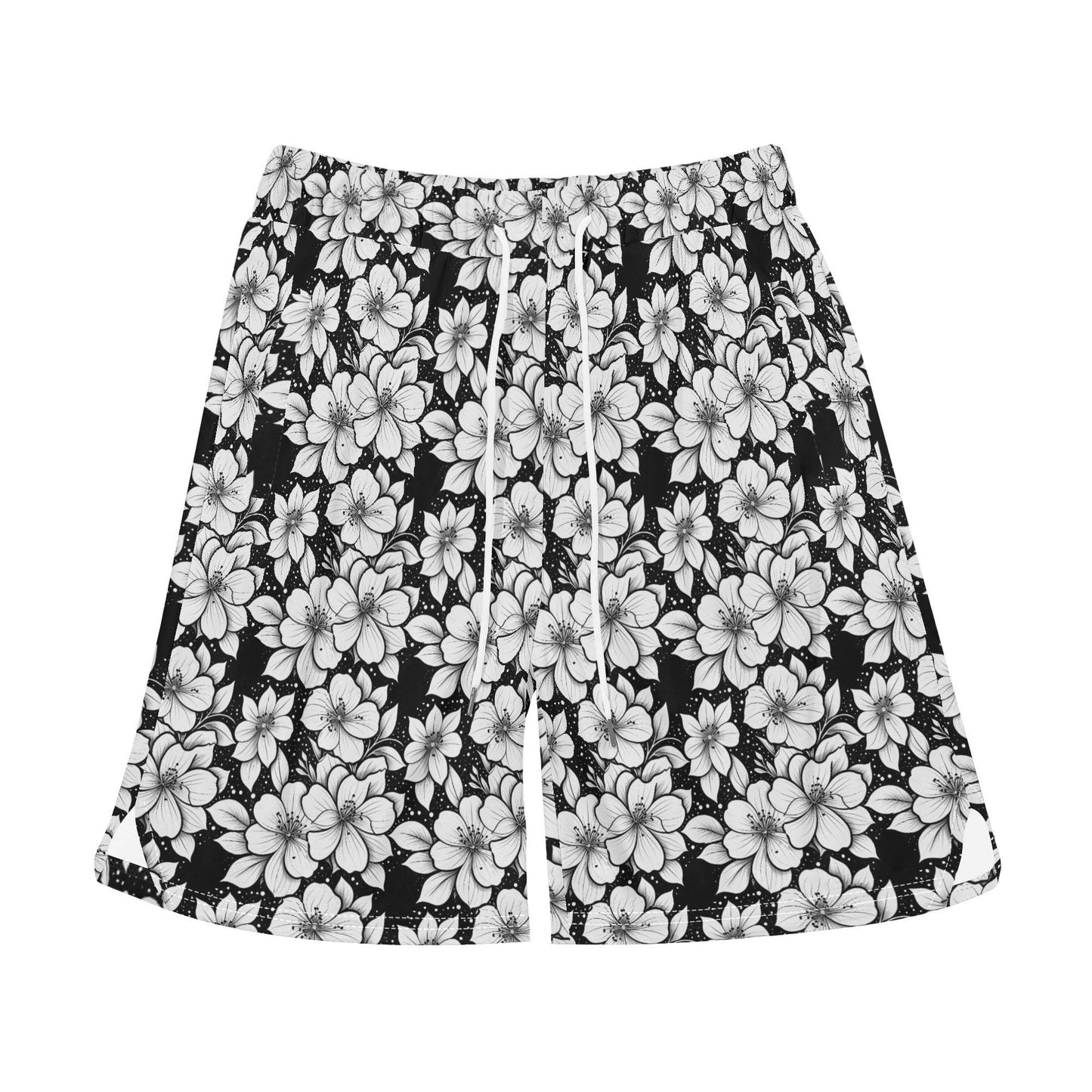 Men's Black and White Floral Mesh Shorts Sea Life Swim Trunks - DeRose Seasonal