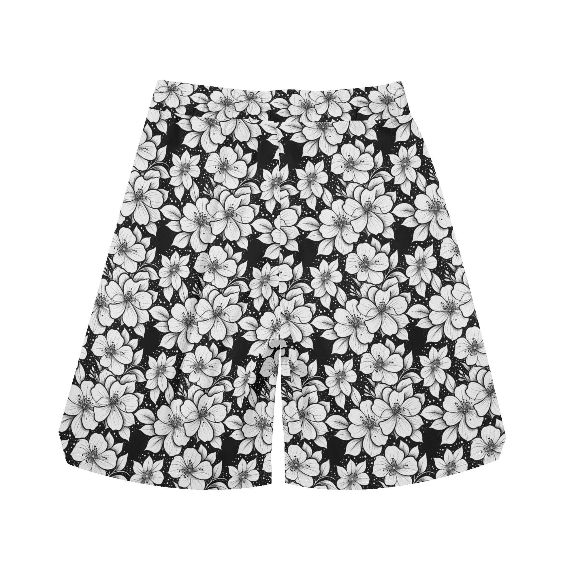 Men's Black and White Floral Mesh Shorts Sea Life Swim Trunks - DeRose Seasonal