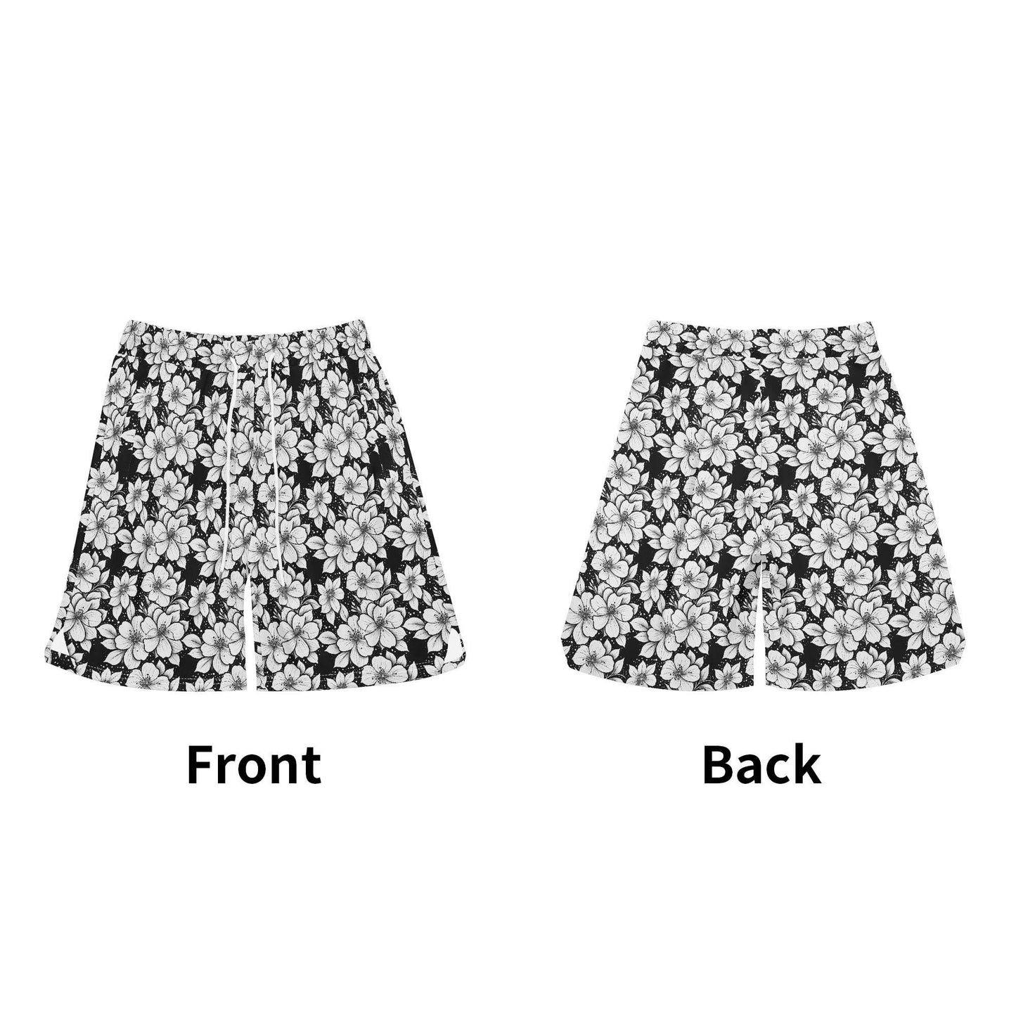 Men's Black and White Floral Mesh Shorts Sea Life Swim Trunks - DeRose Seasonal