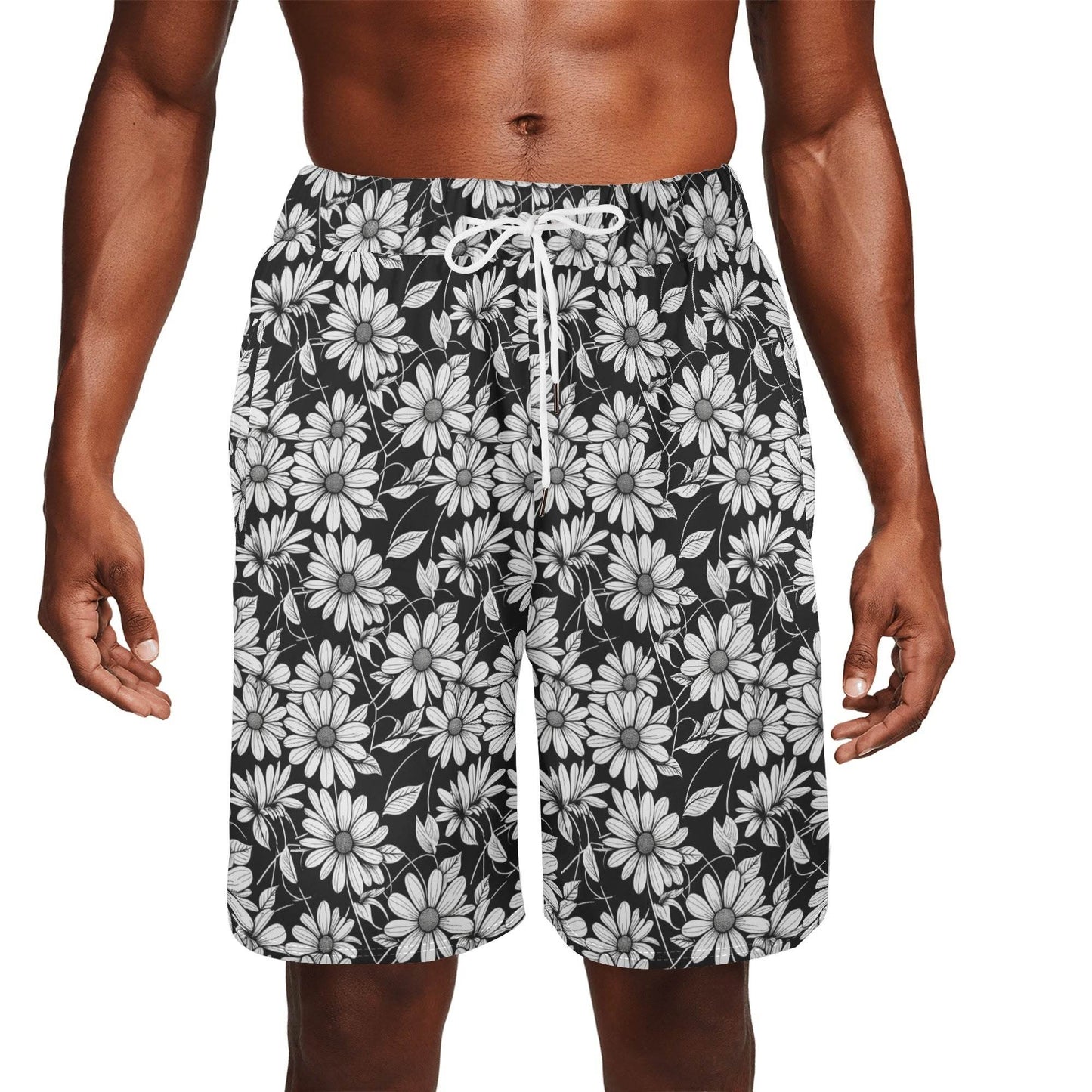 Men's Black and White Daisy Mesh Shorts Sea Life Swim Trunks - DeRose Seasonal