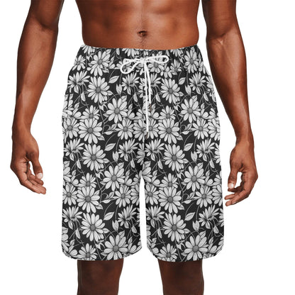 Men's Black and White Daisy Mesh Shorts Sea Life Swim Trunks - DeRose Seasonal